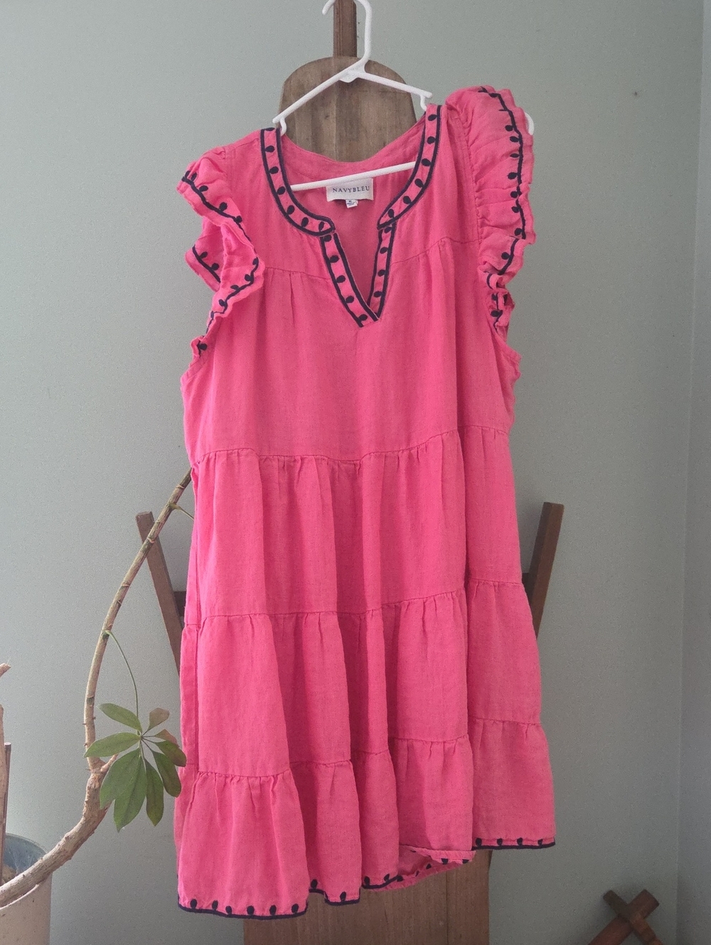 NAVYBLEU Pink Linen Dress With Navy Trim XL
